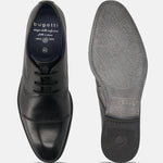 Black leather derby formal shoes by bugatti featuring puzzle pattern on the sole.