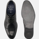 Black leather derby formal shoes by bugatti featuring puzzle pattern on the sole.