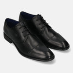 Black leather derby formal shoes by bugatti with a cap toe and lace-up closure.