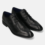 Black leather derby formal shoes by bugatti with a cap toe and lace-up closure.