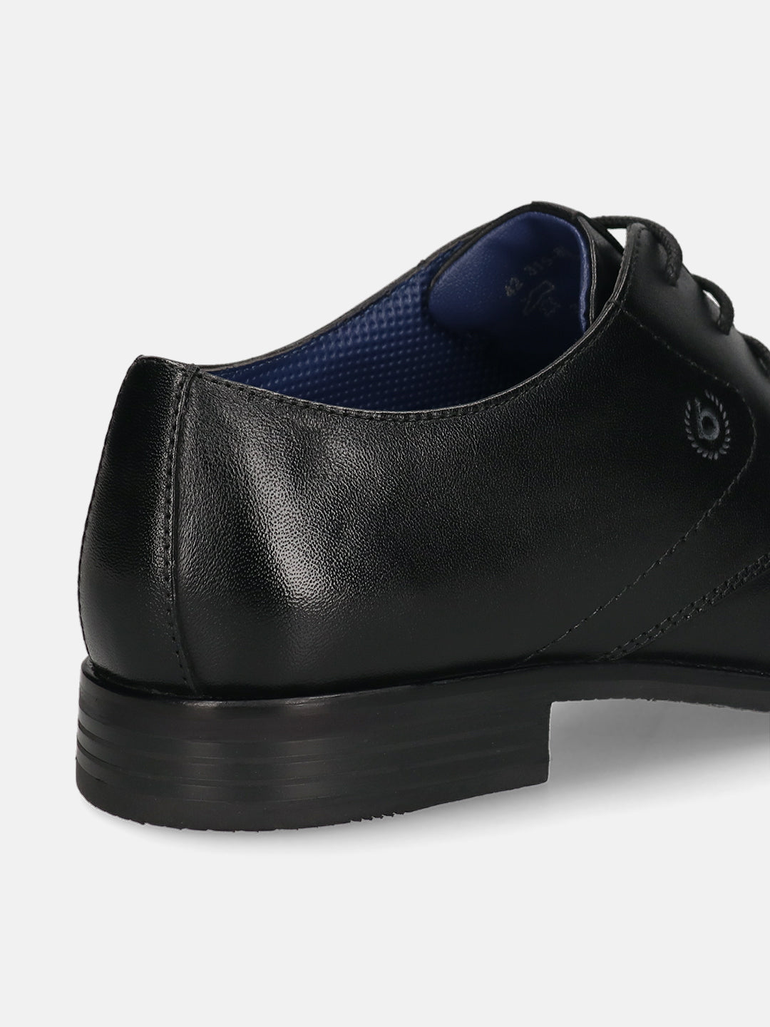 Black leather derby shoe by bugatti, showing the heel and inside blue lining detail.