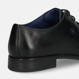 Black leather derby shoe by bugatti, showing the heel and inside blue lining detail.