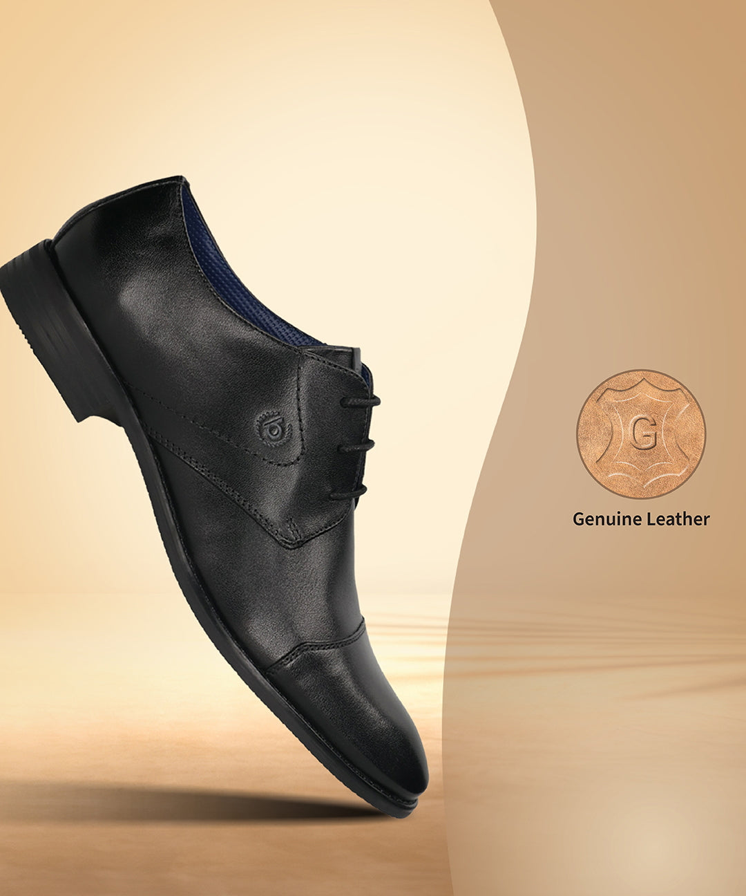 Black premium leather derby formal shoes by bugatti with lace-up closure, showcased on a tan backdrop.
