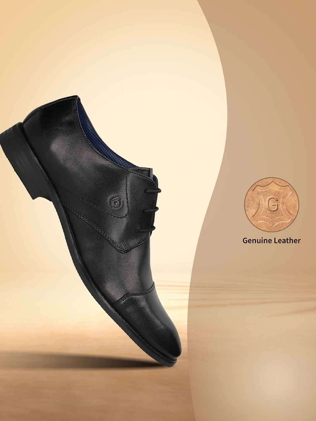 Black premium leather derby formal shoes by bugatti with lace-up closure, showcased on a tan backdrop.
