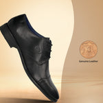 Black premium leather derby formal shoes by bugatti with lace-up closure, showcased on a tan backdrop.
