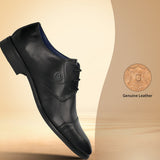 Black premium leather derby formal shoes by bugatti with lace-up closure, showcased on a tan backdrop.
