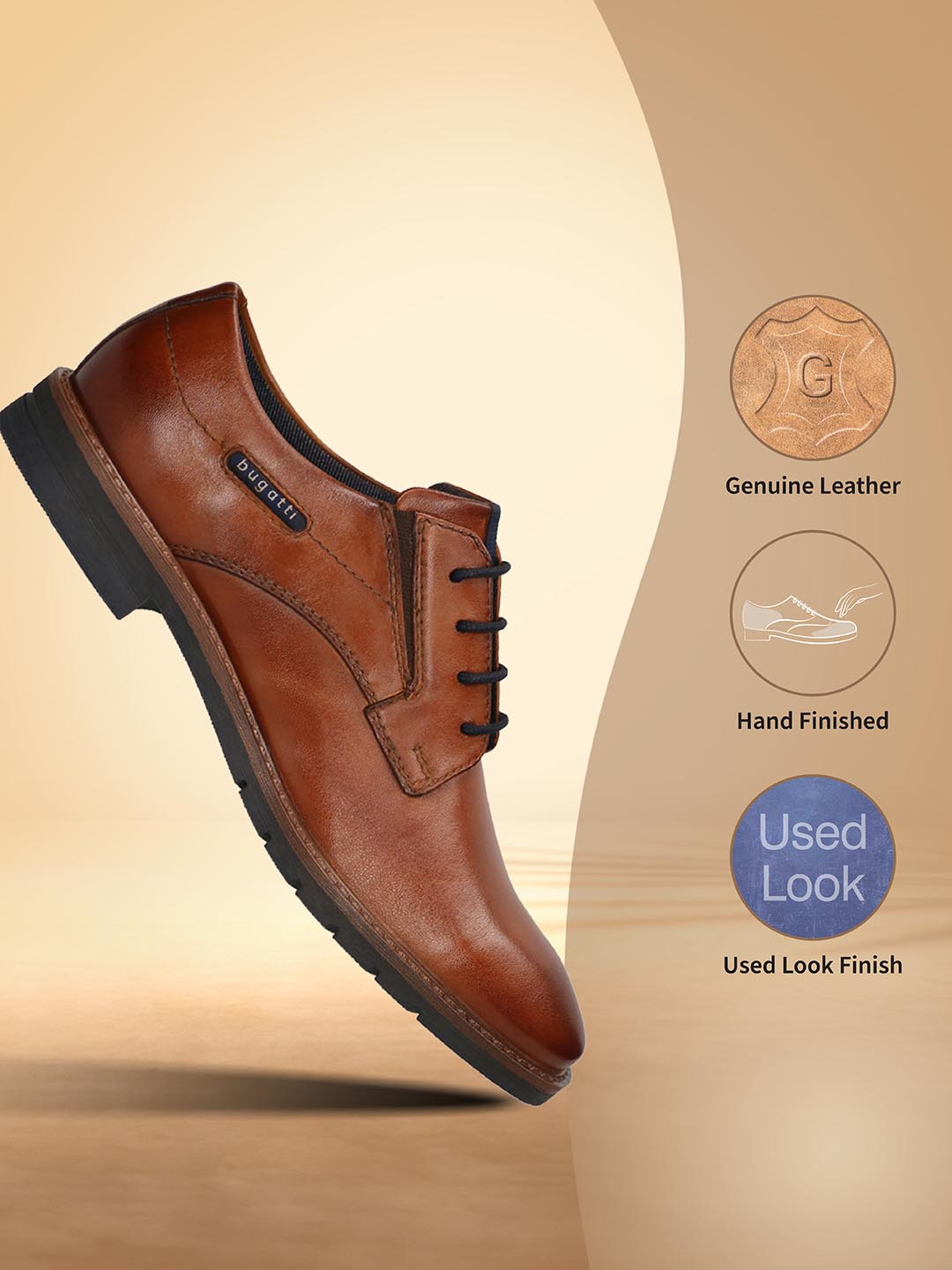 Men's Bugatti derby cognac leather shoes with a round toe and plain toe featuring a stacked heel , a tpr outsole , and laces fastening.