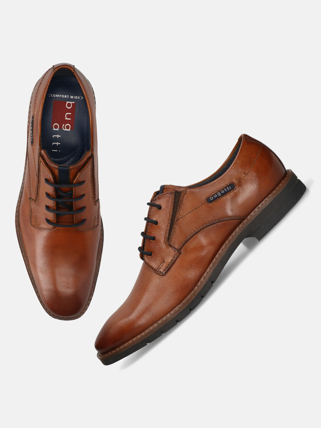 Men's Bugatti derby cognac leather shoes with a round toe and plain toe featuring a stacked heel , a tpr outsole , and laces fastening.