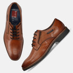 Men's Bugatti derby cognac leather shoes with a round toe and plain toe featuring a stacked heel , a tpr outsole , and laces fastening.