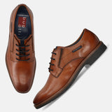 Men's Bugatti derby cognac leather shoes with a round toe and plain toe featuring a stacked heel , a tpr outsole , and laces fastening.
