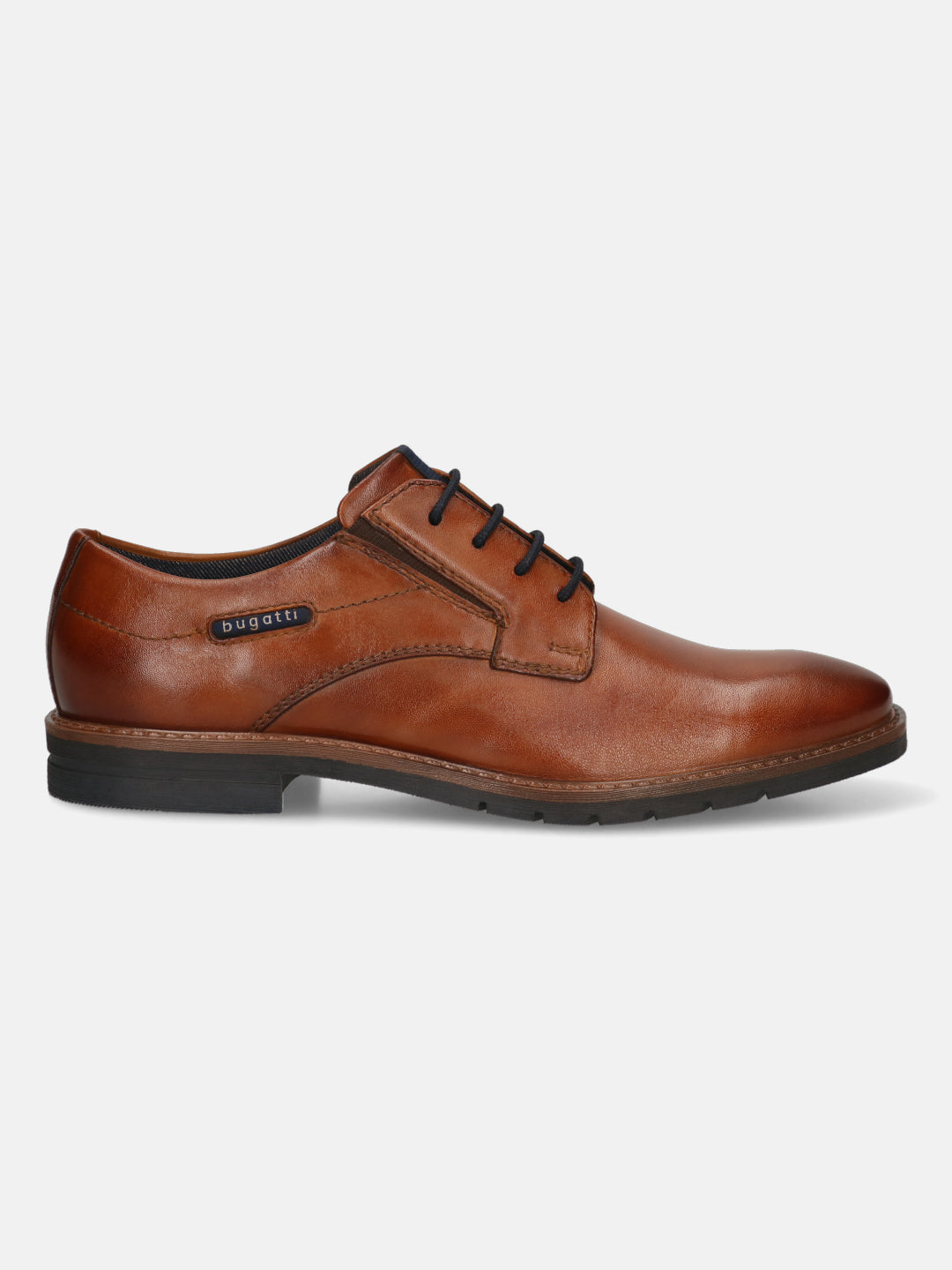 Men's Bugatti derby cognac leather shoes with a round toe and plain toe featuring a stacked heel , a tpr outsole , and laces fastening.