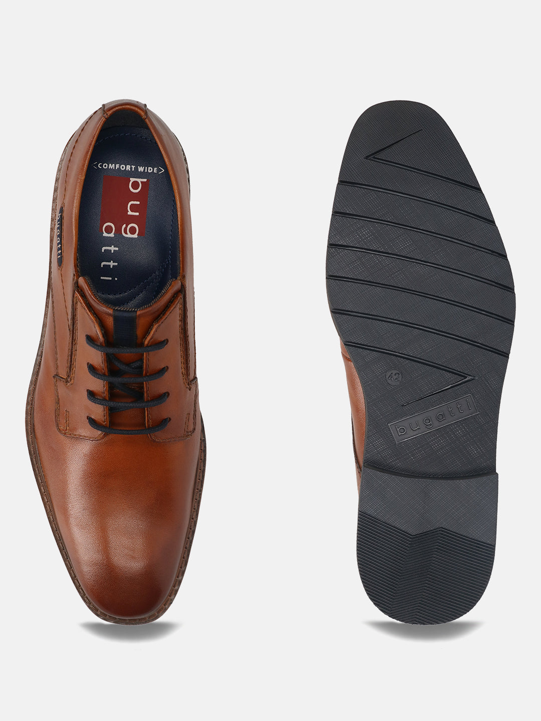 Men's Bugatti derby cognac leather shoes with a round toe and plain toe featuring a stacked heel , a tpr outsole , and laces fastening.