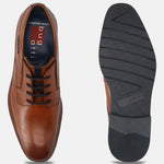 Men's Bugatti derby cognac leather shoes with a round toe and plain toe featuring a stacked heel , a tpr outsole , and laces fastening.