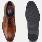 Men's Bugatti derby cognac leather shoes with a round toe and plain toe featuring a stacked heel , a tpr outsole , and laces fastening.