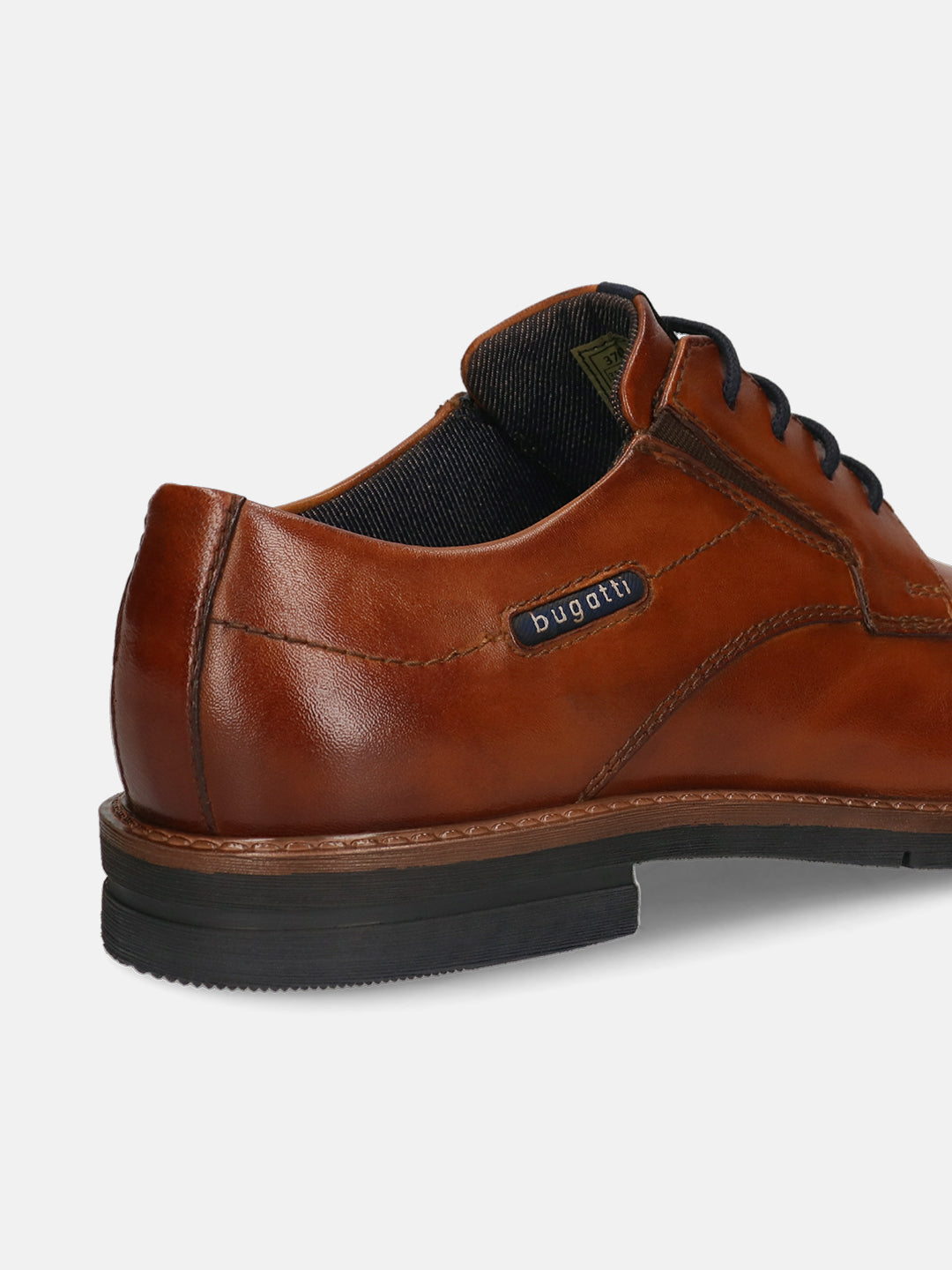 Men's Bugatti derby cognac leather shoes with a round toe and plain toe featuring a stacked heel , a tpr outsole , and laces fastening.