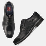 Men's Bugatti derby black leather shoes with a round toe and plain toe featuring a stacked heel , a tpr outsole , and laces fastening.