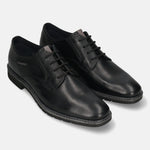 Men's Bugatti derby black leather shoes with a round toe and plain toe featuring a stacked heel , a tpr outsole , and laces fastening.