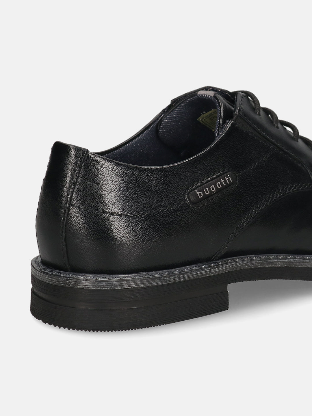 Men's Bugatti derby black leather shoes with a round toe and plain toe featuring a stacked heel , a tpr outsole , and laces fastening.