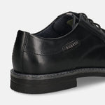 Men's Bugatti derby black leather shoes with a round toe and plain toe featuring a stacked heel , a tpr outsole , and laces fastening.