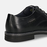 Men's Bugatti derby black leather shoes with a round toe and plain toe featuring a stacked heel , a tpr outsole , and laces fastening.