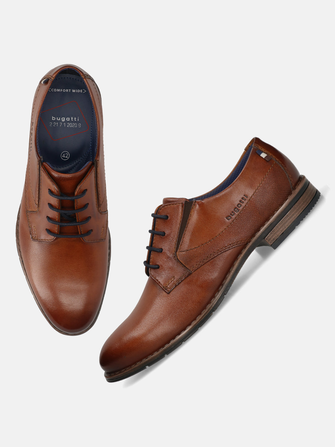 Men's Bugatti derby cognac leather shoes with a round toe and plain toe featuring a moulded heel , a tpr outsole , and laces fastening.