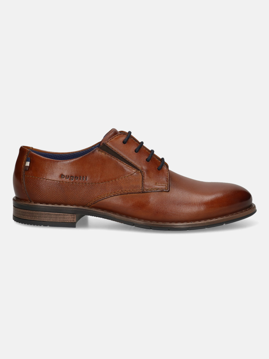 Men's Bugatti derby cognac leather shoes with a round toe and plain toe featuring a moulded heel , a tpr outsole , and laces fastening.