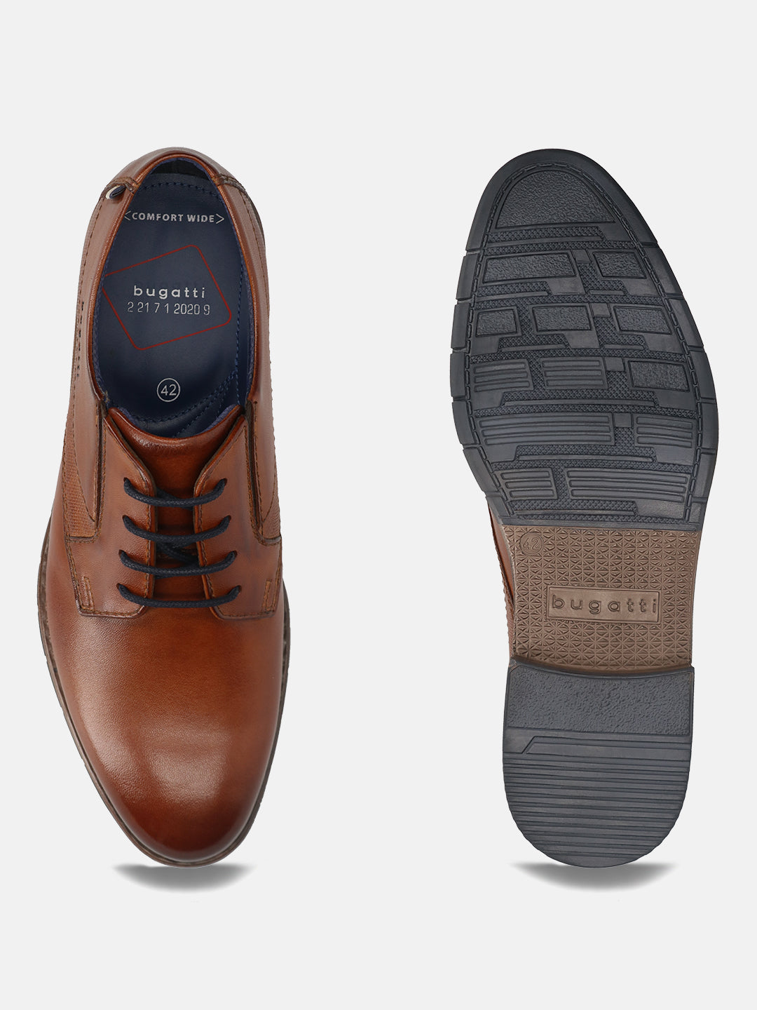 Men's Bugatti derby cognac leather shoes with a round toe and plain toe featuring a moulded heel , a tpr outsole , and laces fastening.