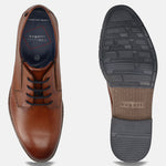 Men's Bugatti derby cognac leather shoes with a round toe and plain toe featuring a moulded heel , a tpr outsole , and laces fastening.