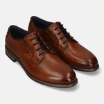 Men's Bugatti derby cognac leather shoes with a round toe and plain toe featuring a moulded heel , a tpr outsole , and laces fastening.