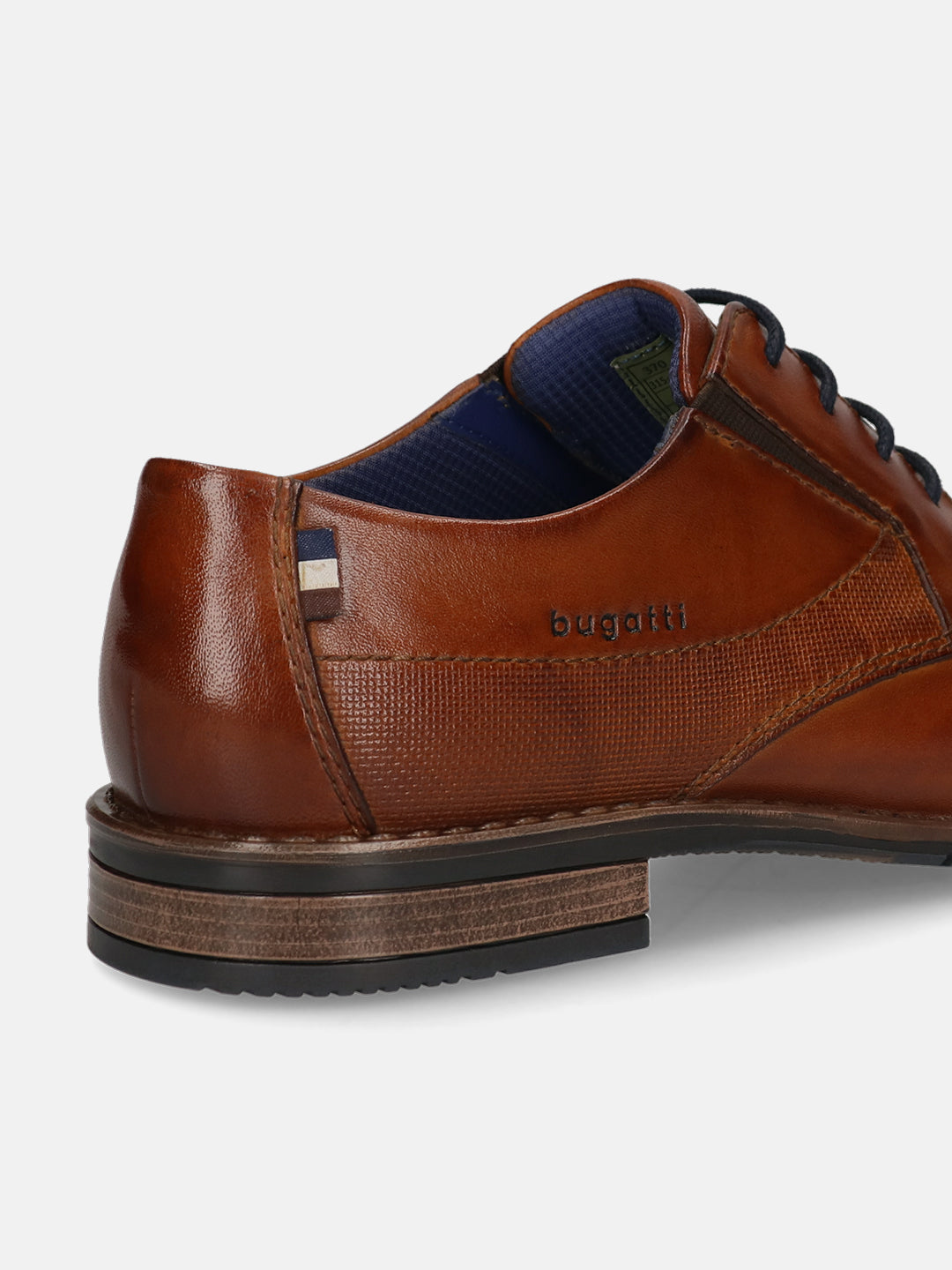 Men's Bugatti derby cognac leather shoes with a round toe and plain toe featuring a moulded heel , a tpr outsole , and laces fastening.