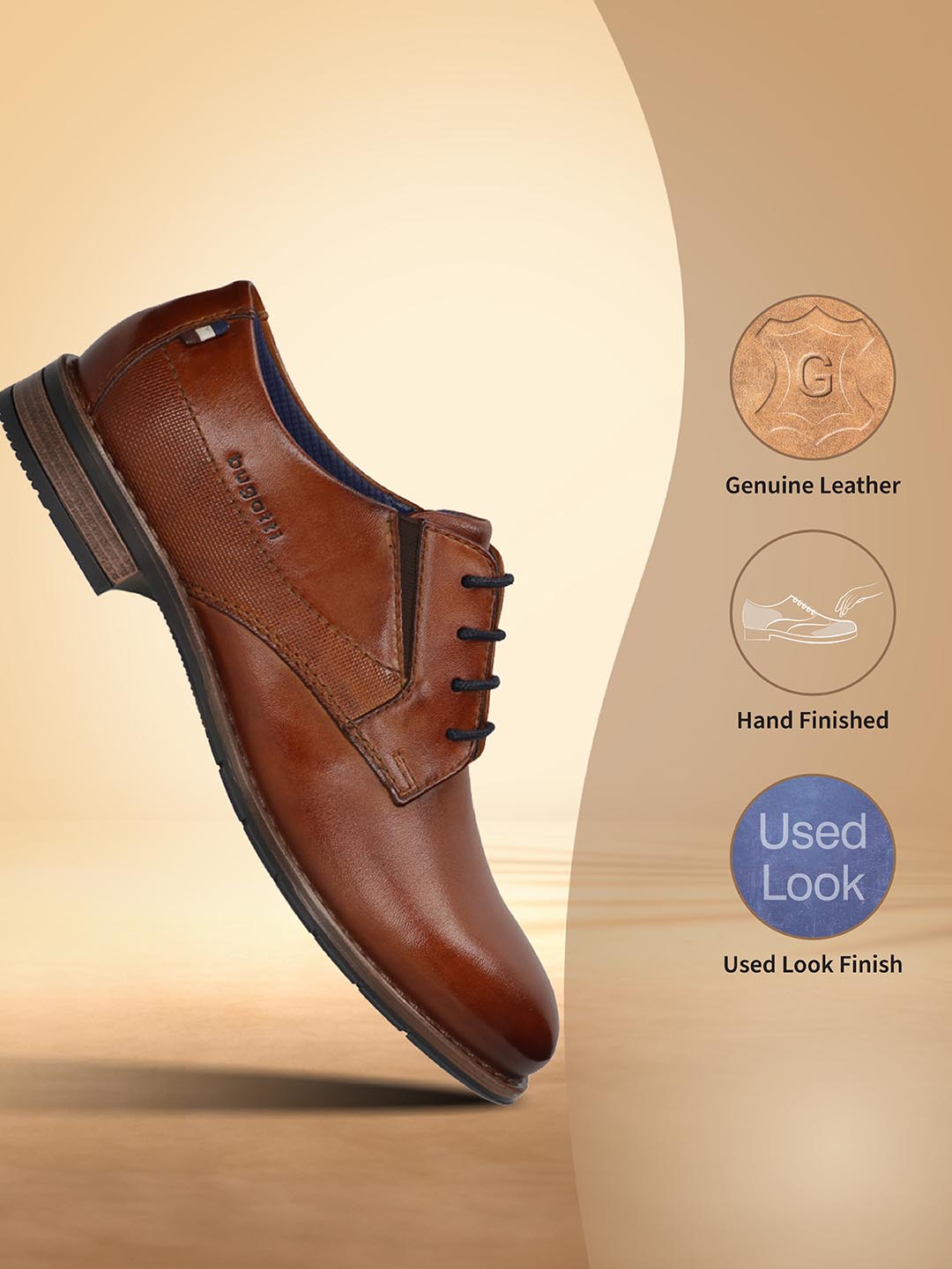 Men's Bugatti derby cognac leather shoes with a round toe and plain toe featuring a moulded heel , a tpr outsole , and laces fastening.