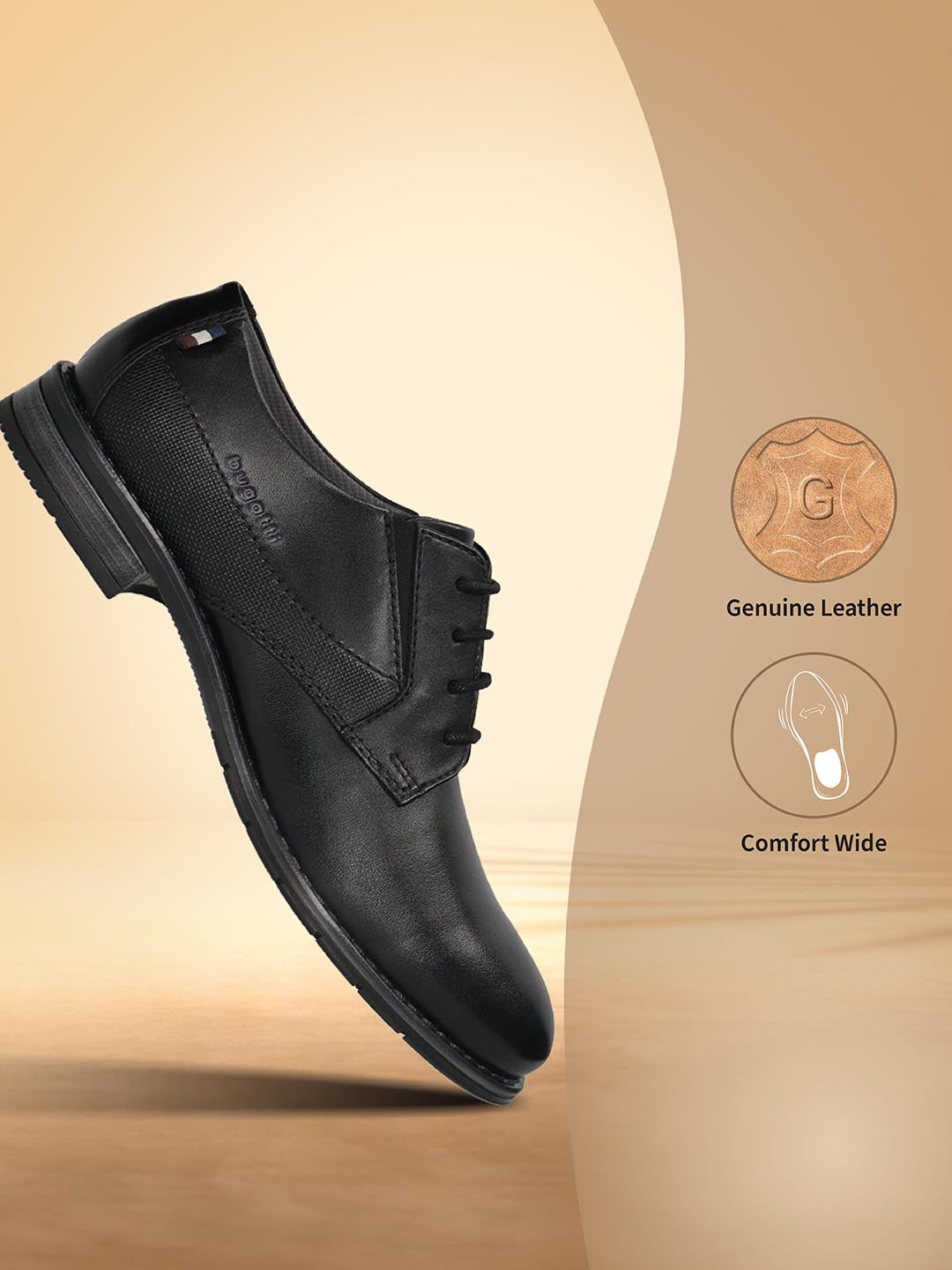 Men's Bugatti derby black leather shoes with a round toe and plain toe featuring a moulded heel , a tpr outsole , and laces fastening.