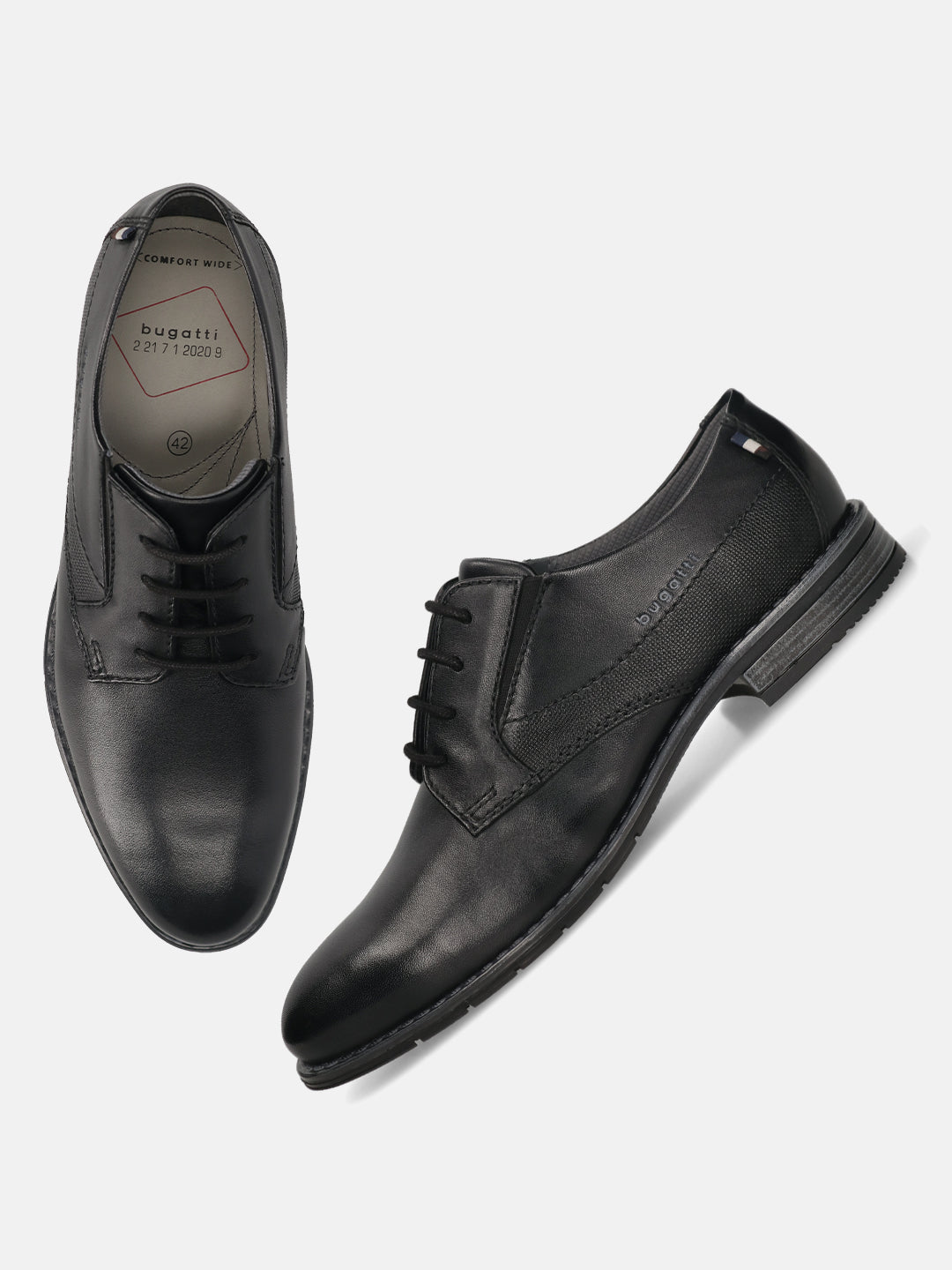 Men's Bugatti derby black leather shoes with a round toe and plain toe featuring a moulded heel , a tpr outsole , and laces fastening.