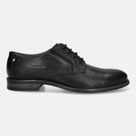 Men's Bugatti derby black leather shoes with a round toe and plain toe featuring a moulded heel , a tpr outsole , and laces fastening.