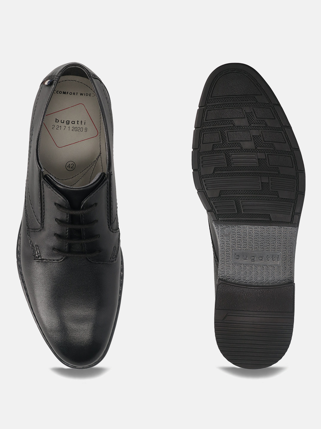 Men's Bugatti derby black leather shoes with a round toe and plain toe featuring a moulded heel , a tpr outsole , and laces fastening.