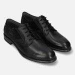 Men's Bugatti derby black leather shoes with a round toe and plain toe featuring a moulded heel , a tpr outsole , and laces fastening.