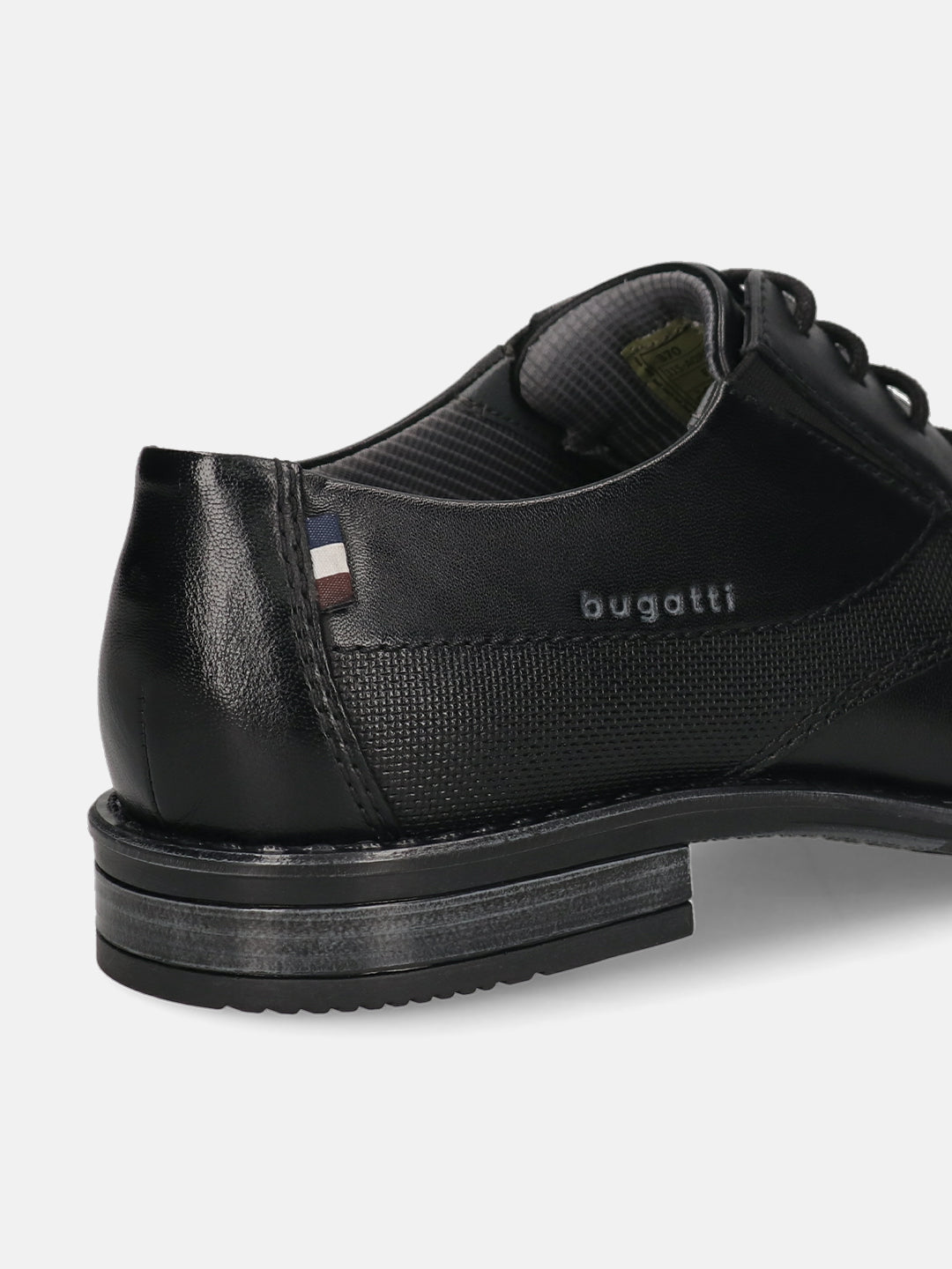 Men's Bugatti derby black leather shoes with a round toe and plain toe featuring a moulded heel , a tpr outsole , and laces fastening.