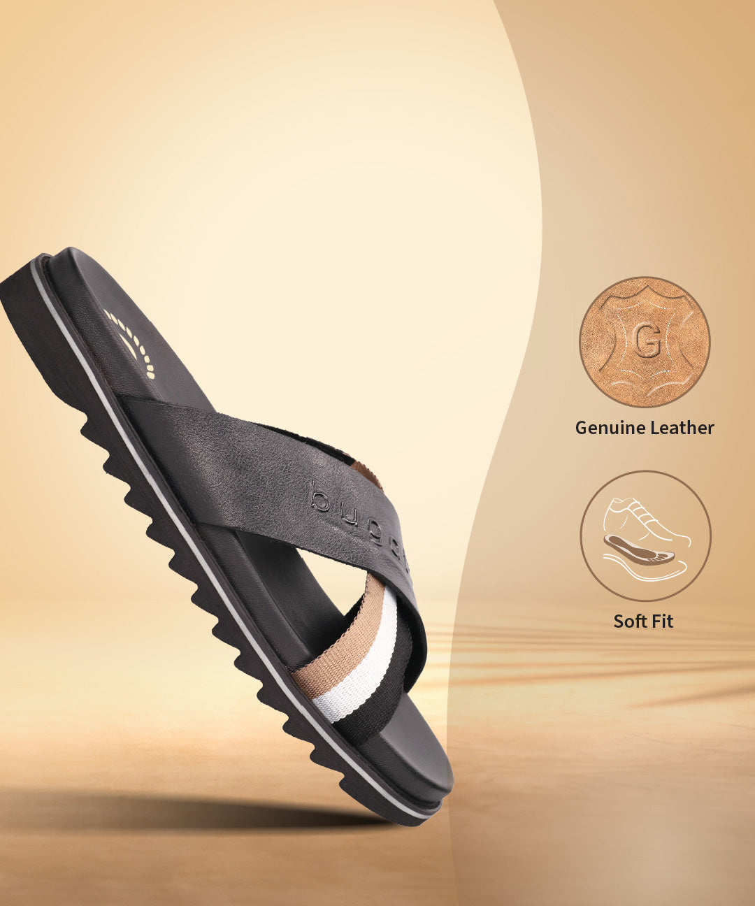 A black Men's bugatti Cross Strap Sandals featuring a round open toe, zero heels heel, and a wide fit. Made from premium genuine leather with a durable eva outsole, this slip-on design offers both style and comfort.