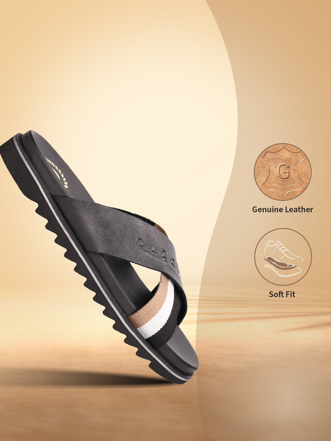 A black Men's bugatti Cross Strap Sandals featuring a round open toe, zero heels heel, and a wide fit. Made from premium genuine leather with a durable eva outsole, this slip-on design offers both style and comfort.