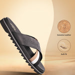 A black Men's bugatti Cross Strap Sandals featuring a round open toe, zero heels heel, and a wide fit. Made from premium genuine leather with a durable eva outsole, this slip-on design offers both style and comfort.