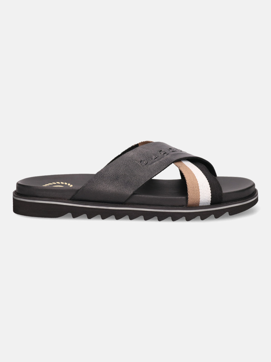 A black Men's bugatti Cross Strap Sandals featuring a round open toe, zero heels heel, and a wide fit. Made from premium genuine leather with a durable eva outsole, this slip-on design offers both style and comfort.