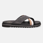 A black Men's bugatti Cross Strap Sandals featuring a round open toe, zero heels heel, and a wide fit. Made from premium genuine leather with a durable eva outsole, this slip-on design offers both style and comfort.