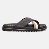 A black Men's bugatti Cross Strap Sandals featuring a round open toe, zero heels heel, and a wide fit. Made from premium genuine leather with a durable eva outsole, this slip-on design offers both style and comfort.