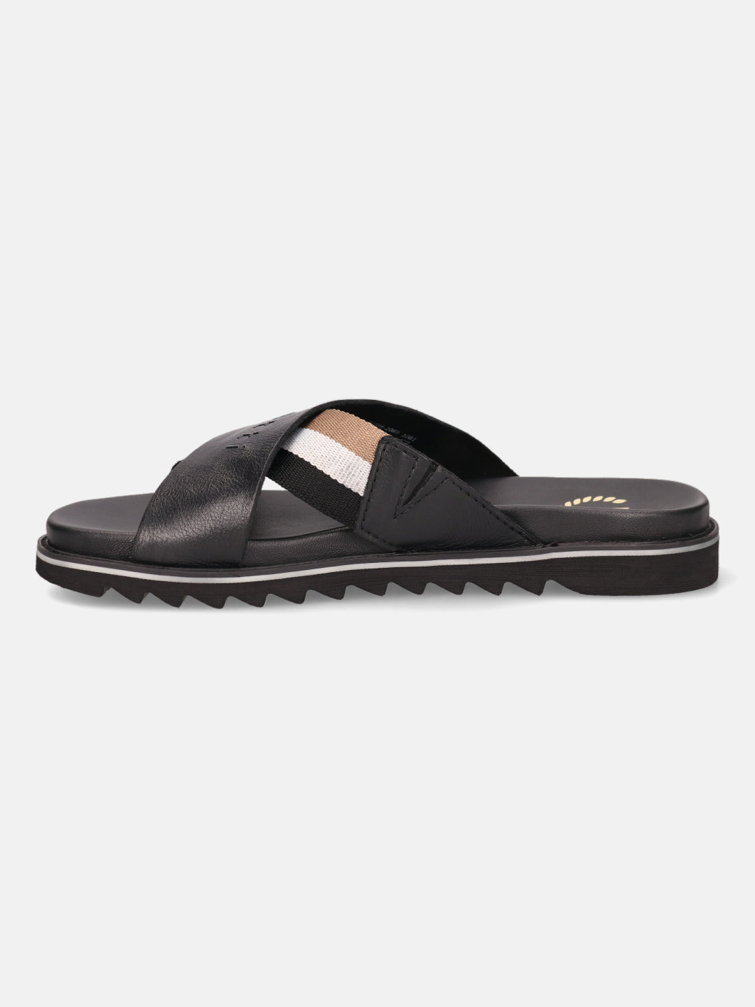 A black Men's bugatti Cross Strap Sandals featuring a round open toe, zero heels heel, and a wide fit. Made from premium genuine leather with a durable eva outsole, this slip-on design offers both style and comfort.