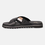 A black Men's bugatti Cross Strap Sandals featuring a round open toe, zero heels heel, and a wide fit. Made from premium genuine leather with a durable eva outsole, this slip-on design offers both style and comfort.