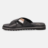 A black Men's bugatti Cross Strap Sandals featuring a round open toe, zero heels heel, and a wide fit. Made from premium genuine leather with a durable eva outsole, this slip-on design offers both style and comfort.