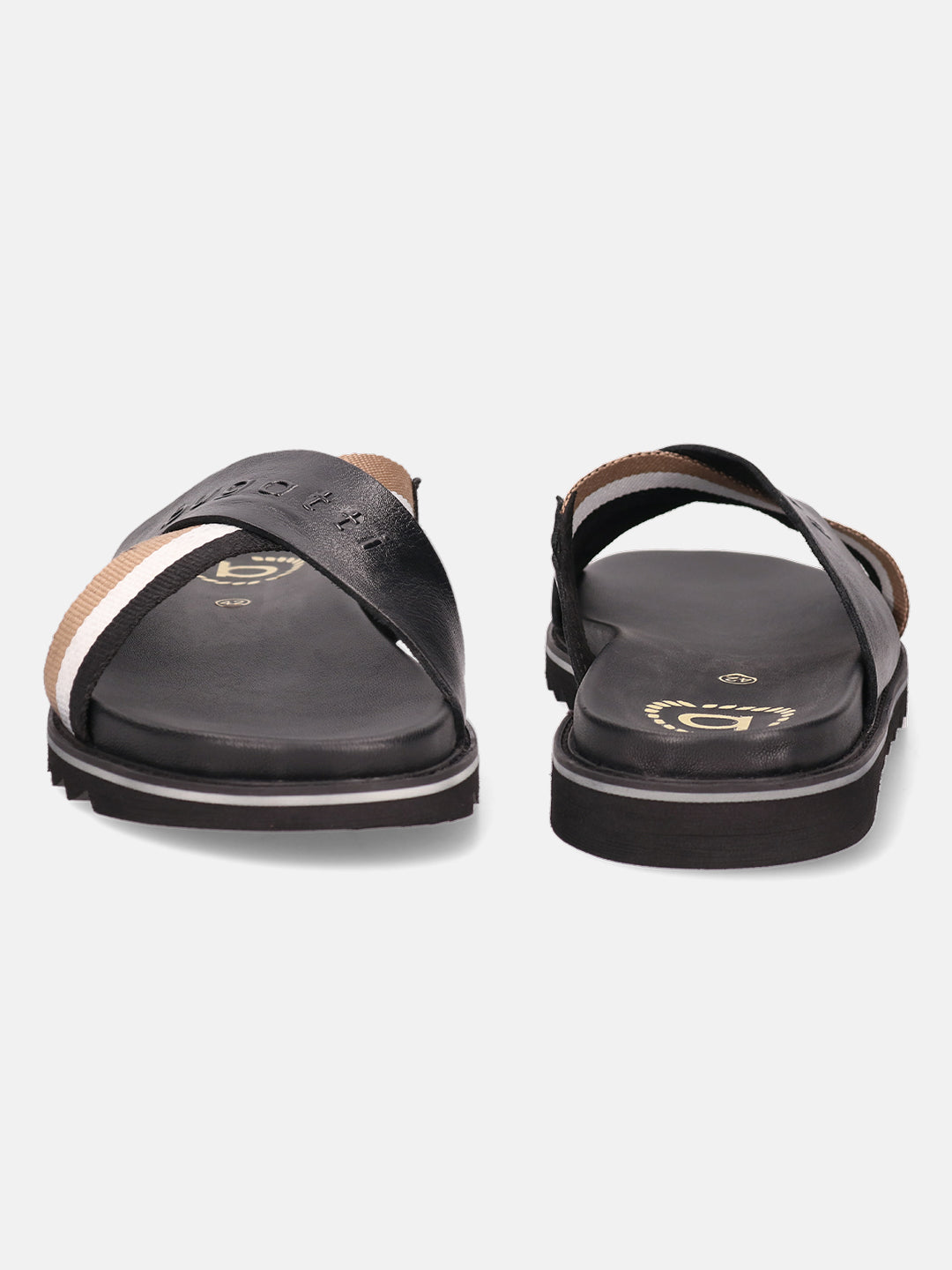 A black Men's bugatti Cross Strap Sandals featuring a round open toe, zero heels heel, and a wide fit. Made from premium genuine leather with a durable eva outsole, this slip-on design offers both style and comfort.