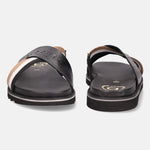 A black Men's bugatti Cross Strap Sandals featuring a round open toe, zero heels heel, and a wide fit. Made from premium genuine leather with a durable eva outsole, this slip-on design offers both style and comfort.