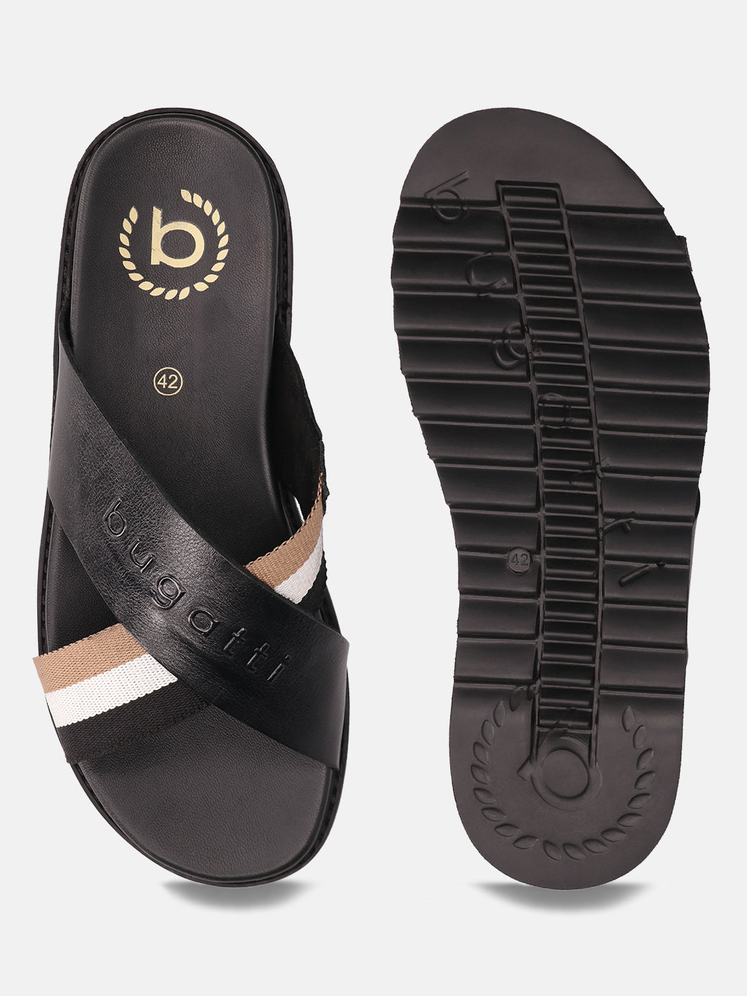 A black Men's bugatti Cross Strap Sandals featuring a round open toe, zero heels heel, and a wide fit. Made from premium genuine leather with a durable eva outsole, this slip-on design offers both style and comfort.