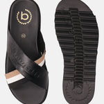 A black Men's bugatti Cross Strap Sandals featuring a round open toe, zero heels heel, and a wide fit. Made from premium genuine leather with a durable eva outsole, this slip-on design offers both style and comfort.